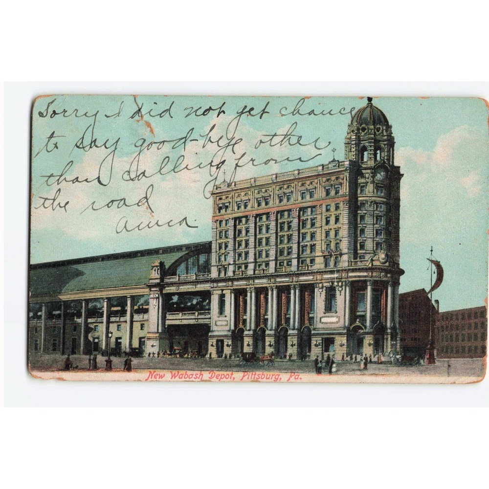 Vintage 1907 New Wabash Depot Pittsburg PA Postcard Litho-Chrome Franklin Stamp